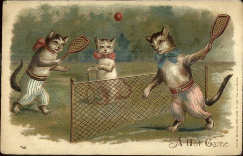 Fantasy - Cats Playing Tennis A HOT GAME c1910 Postcard G19