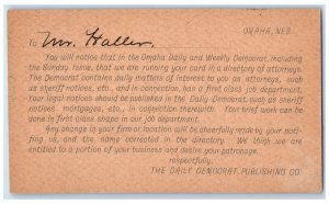 c1880's The Daily Democrat Publishing CO CW Haller Omaha NE Postal Card