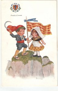 Jimmy. Boy and girl with flag and sickle on mountain Vintage Spanish postcard