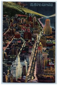 c1940's Aerial View Michigan Avenue River By Night Buildings Chicago IL Postcard