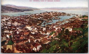 General View of Bergen Norway Harbor Sea Port Builidngs and Residences Postcard