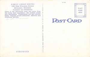 Hotel Abbot Crest Milwaukee Wisconsin linen postcard