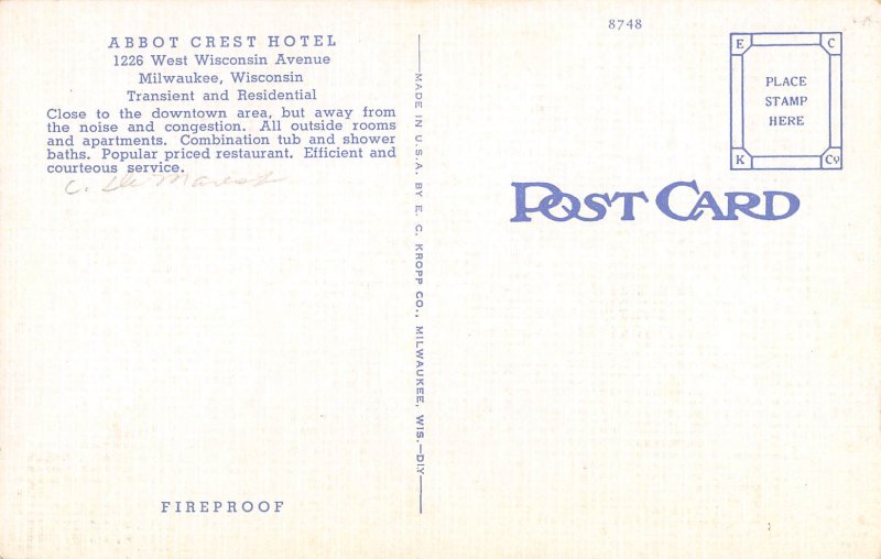 Hotel Abbot Crest Milwaukee Wisconsin linen postcard