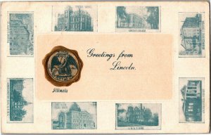 Greetings from Lincoln IL, Multi View, Embossed Seal Vintage Postcard U32