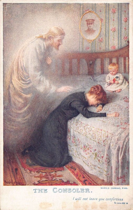 L366 The Consoler painting wife & baby lost his father Jesus vintage postcar