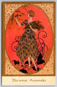 Tito Corbella~New Year~ART DECO Glamour Lady In Medallion~Red & Gold~Degami 3062