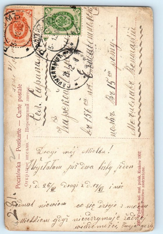 Poland Postcard Man Eagle Edelweiss Flower Happy New Year c1910 Satkowicz