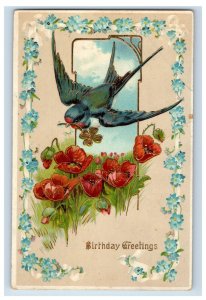 Circa 1910 Birthday Birds Red Flowers Vintage Postcard P108E