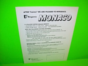 Monaco Pinball Flyer 1977 Original Games Artwork Promo Vintage Retro