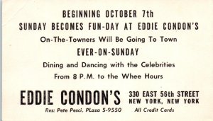 1950s Eddie Condon's East 56th Street Advertising New York City NY Postcard