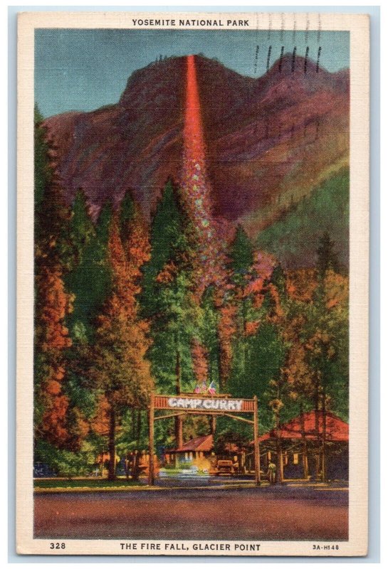 1936 The Fire Fall Glacier Point Camp Curry California CA Vintage Postcard 