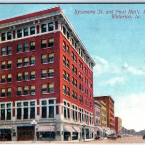 c1910s Waterloo, IA Sycamore St. First National Bank Bldg. Downtown Postcard A61