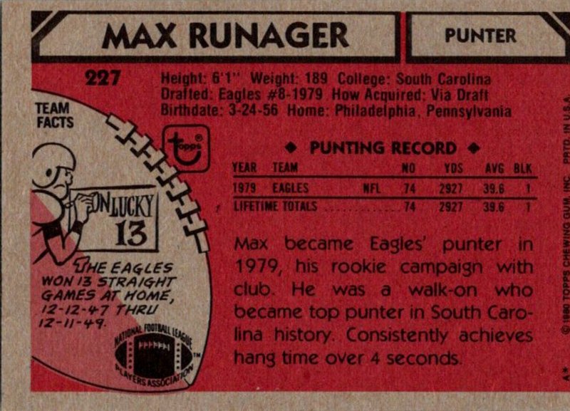 1980 Topps Football Card Max Runager P Philadelphia Eagles sun0348