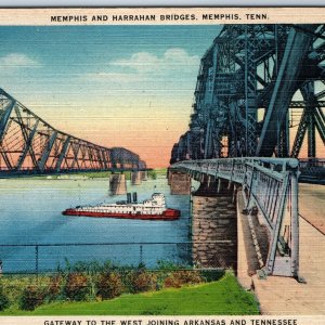 c1940s Memphis, TN Harrahan Bridge Railway Steam Ship Freight Boat Linen PC A216