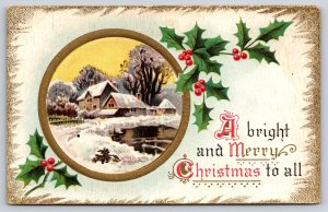 Holiday~A Bright & Merry Christmas~Holly & Winter House In Gold Frame~Vintage PC