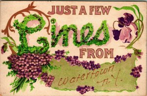 Large Letter Floral Hearty Greetings Watertown NY Embossed UNP 1910s Postcard E4