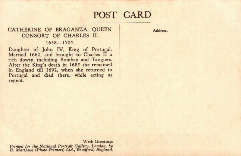 Royalty Postcard - Queen Catherine of Braganza - Artist Dirk Stoop  RS24428