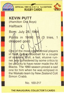 Kevin Putt Waikato 1991 Hand Signed Rugby Card Photo