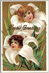Easter Greetings Girls' Head On Flowers Wishes Card Postcard