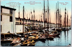 Boston Massachusetts T. Wharf From The McPhail Piano Co. Pier Boats Postcard