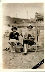 Vtg 1934 Cppr Véritable Photo Plage Vue Cousins Edith & Ida  Scarborough, Me