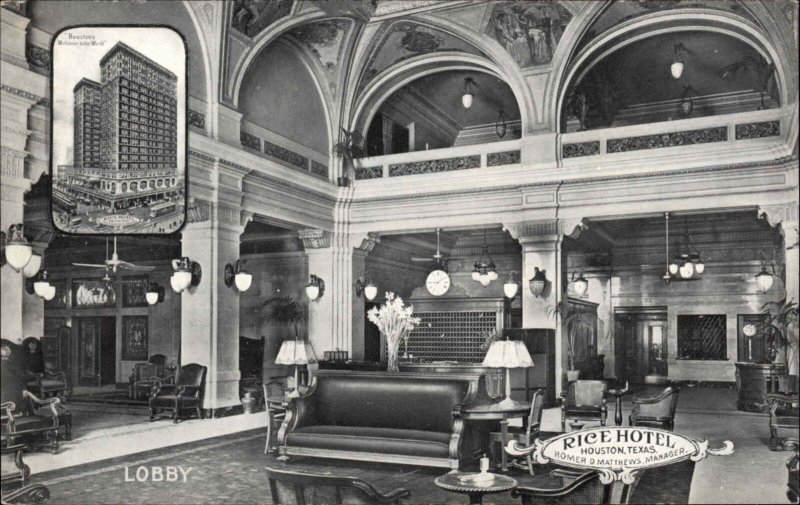 Houston Texas TX Rice Hotel Lobby c1910 Vintage Postcard