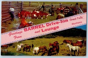 Great Falls Montana MT Postcard Greetings Barrel Drive Inn Lounge Multiview 1956