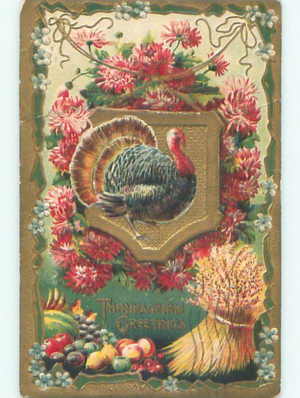 Pre-Linen thanksgiving COLORFUL TURKEY ON SHIELD & PINK FLOWERS & HAYSTACK k8861