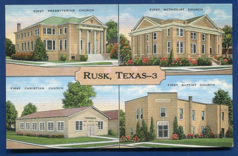 Rusk Texas tx 4 views of Churches linen postcard