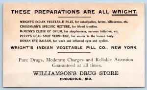 WILLIAMSONS DRUG STORE FREDERICK MD WRIGHT'S INDIAN PILL VICTORIAN TRADE CARD #2