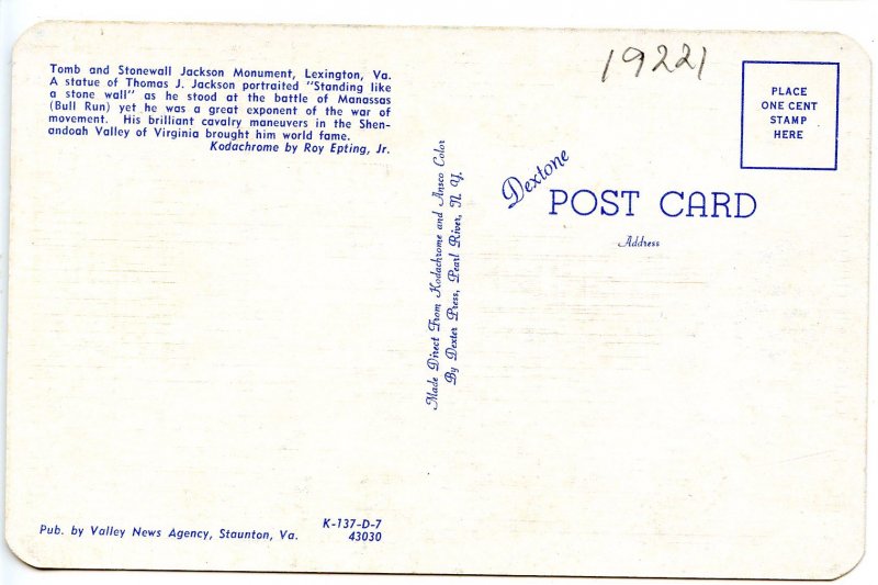 VA - Lexington. Stonewall Jackson Confederate Monument & Tomb