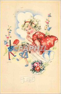 Postcard Old Girl Doll Soldier