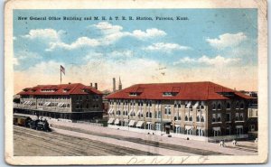 Postcard - New General Office Building and M. K. & T. R. R. Station, Parsons, KS