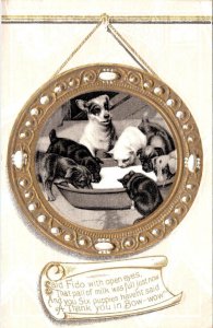 Vintage FIDO~DOG~PUPPIES/PAIL OF MILK  ca1910's Embossed Antique Animal Postcard