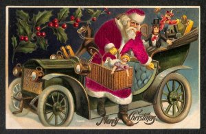 Christmas Santa Claus Red Cloth Suit Automobile Basket of Toys 1909 Postcard