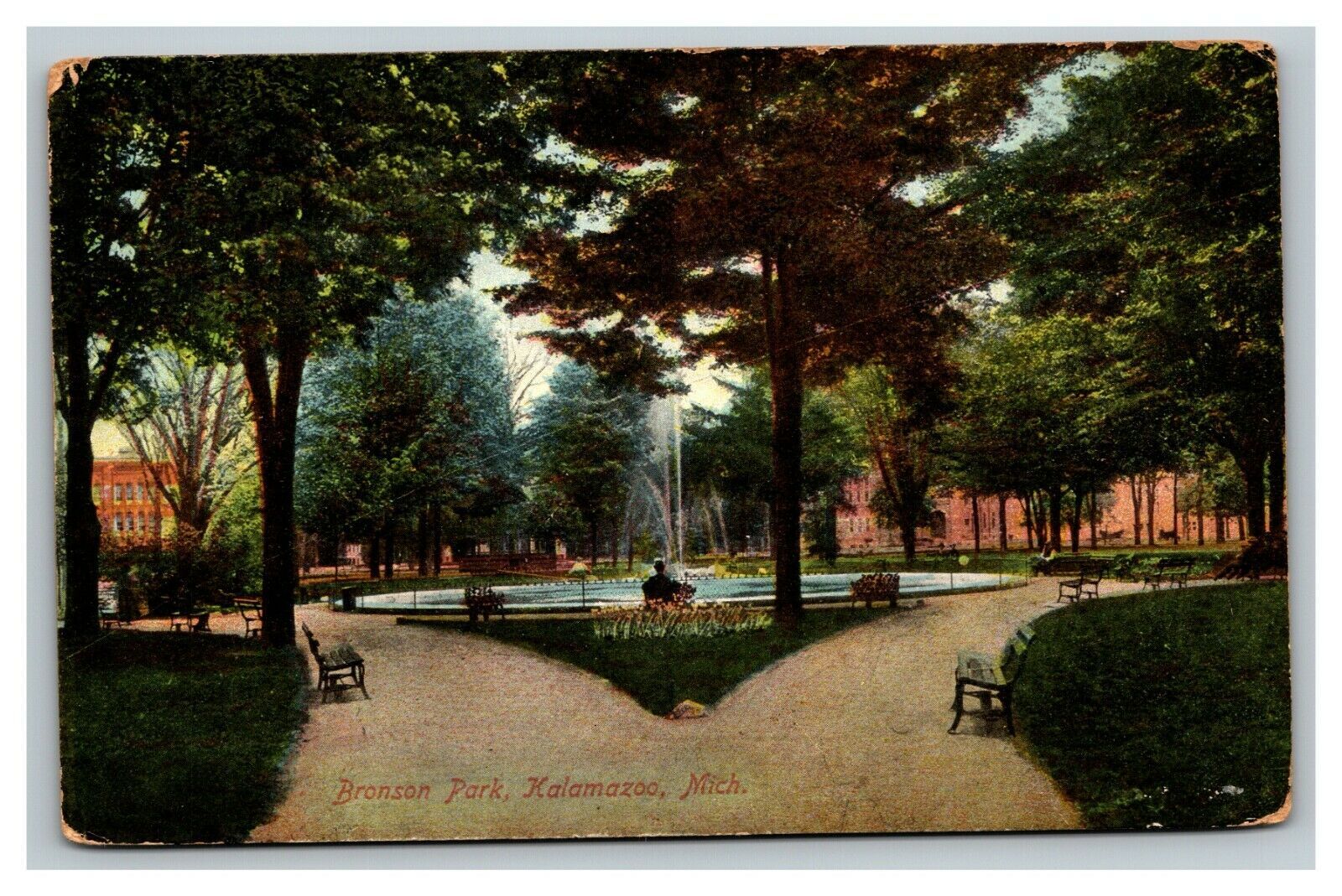 Vintage 1910's Postcard Bronson Park Grounds & Fountain Kalamazoo
