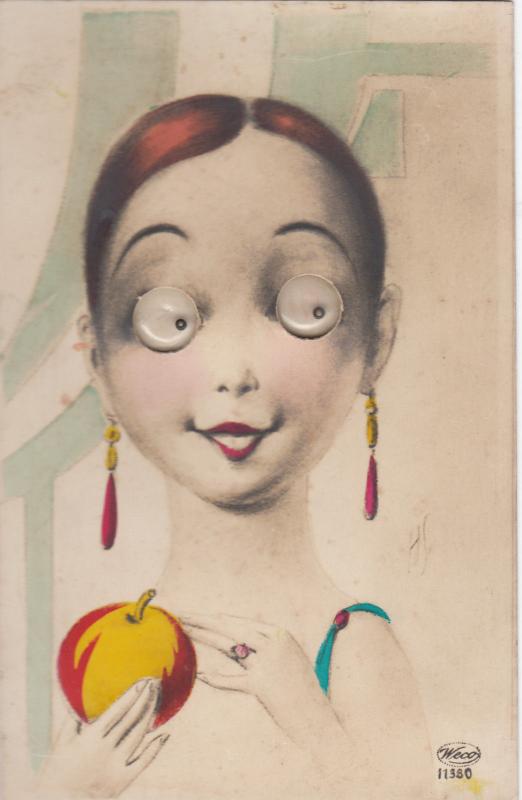 Moving glass eyes novelty postcard signed H.S. beauty caricature & apple 1934