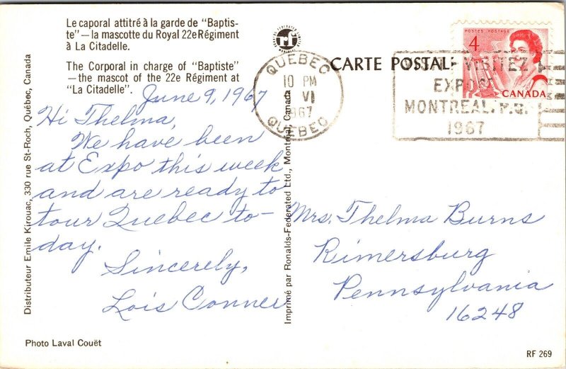 Baptiste 22e Regiment Mascot La Citadelle Quebec Canada Chrome Cancel Postcard 