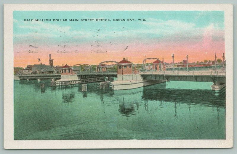 Green Bay Wisconsin~Half Million Dollar Bridge~Main Street~Sunset~c1930~Postcard 