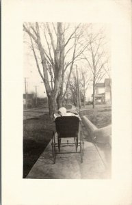 Rppc Baby Carriage Large Wheels on Sidewalk Street Scene c1910 Postcard U5