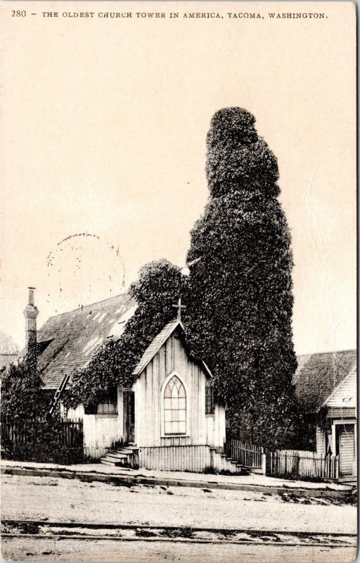 Oldest Church Tower American Tacoma Washington WA Antique Postcard PM Cancel WOB 