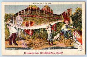 Hagerman Idaho ID Postcard Greetings Kind We Catch Here Exaggerated 1940 Vintage