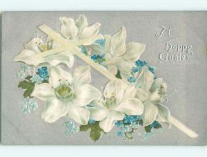Unused Divided-Back easter tuck LILY FLOWERS WITH CROSS r2737