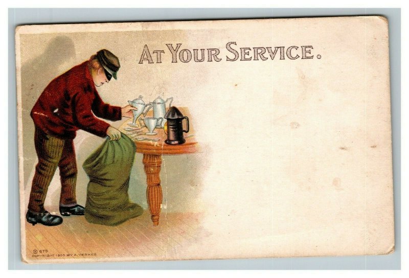 Vintage 1900's Comic Postcard Burglar Stealing Silver Humorous At your Service