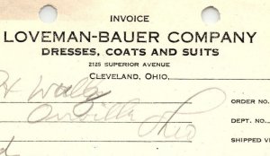 1939 LOVEMAN-BAUER CO. CLEVELAND OH DRESSES COATS SUITS BILLHEAD INVOICE Z1032