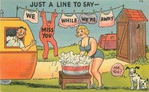 Comic Humor Travel Trailer Outhouse 1942 Sexy woman washing Postcard 21-1827