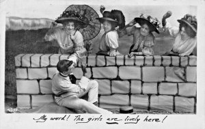 MY WORD! THE GIRLS ARE LIVELY HERE! DAVIDSON 1910 PHOTO BRITISH POSTCARD