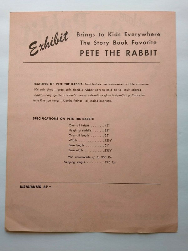 Exhibit Pete The Rabbit Arcade FLYER Original Kiddie Amusement Ride 1952 Rare