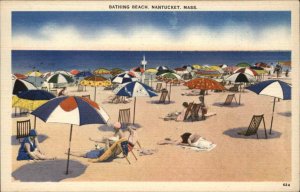 Nantucket Massachusetts MA Bathing Beach Umbrellas Linen Vintage Postcard