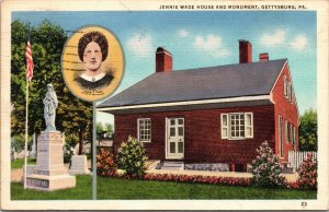 Jennie Wade House Monument Gettysburg PA Pennsylvania Linen Postcard PM Cancel 